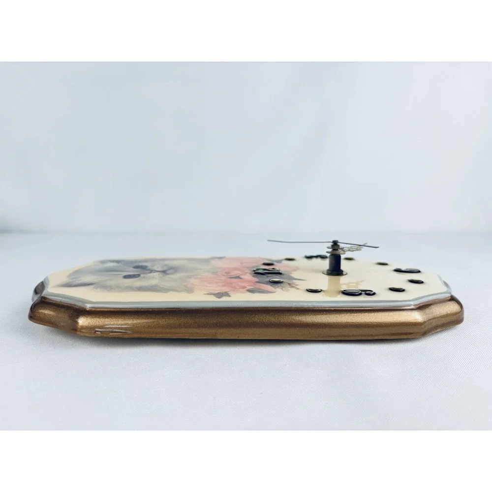 Vintage Ceramic Kitten Cat Wall Clock Flowers Tochigi Quartz Retro Kitschy Works